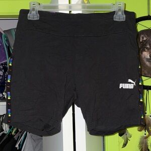 PUMA Women's Black Athletic Shorts with Colorful Rainbow Logo L